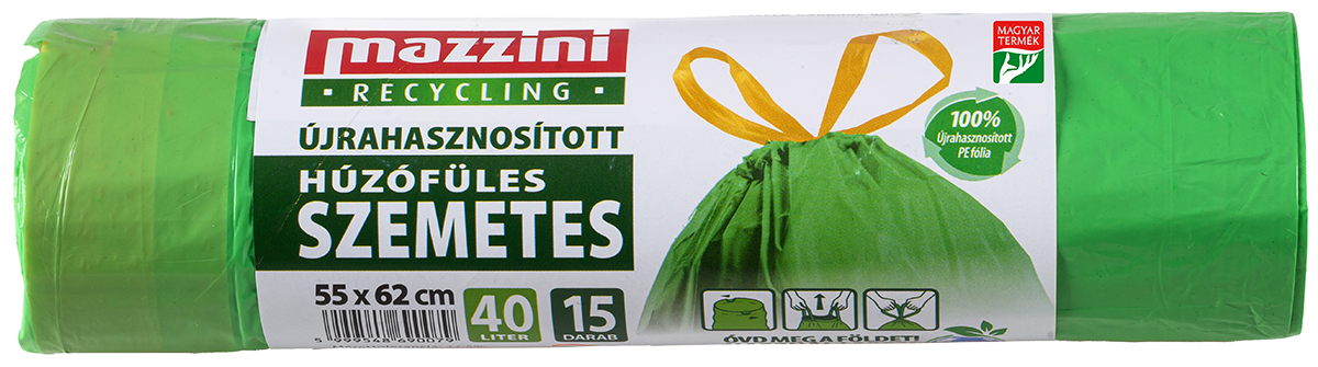 MAZZINI Újrahasznosított Húzófüles Szemetes 40 l (55x62cm) 15 db/roll